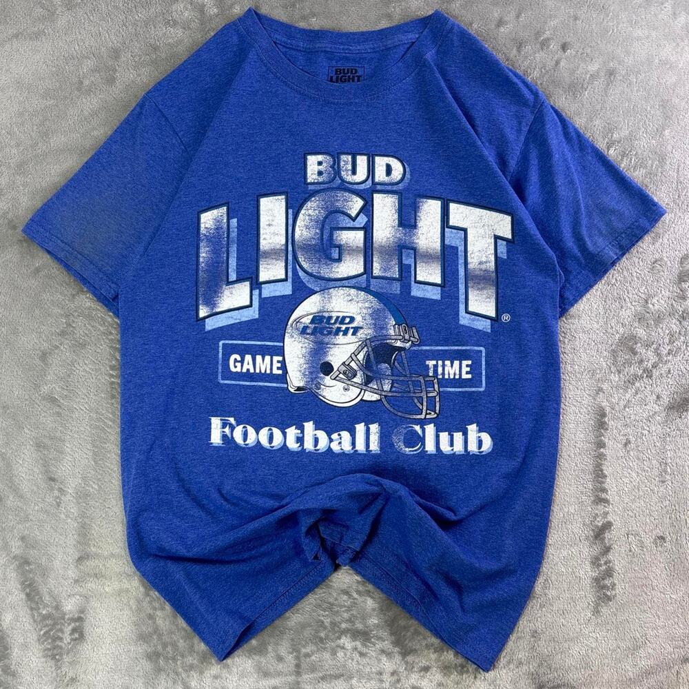 Bud Light 82 Football Club Graphic Tee Blue Beer Promo Shirt Men’s Small
